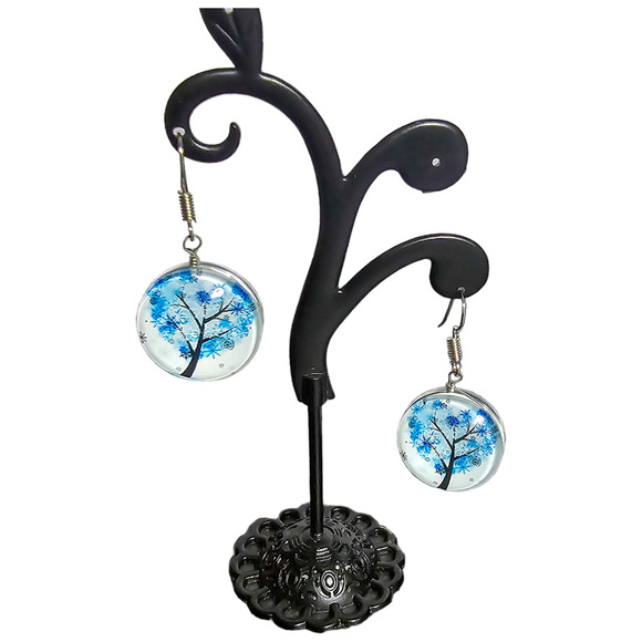 Boutique new blue double sided dome Tree of Life heart earrings - Picture 1 of 6